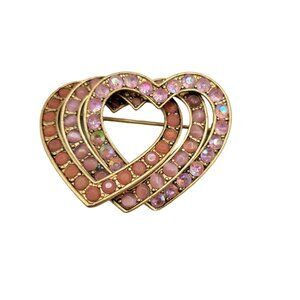 Liz Claiborne Triple Rhinestone Heart Brooch Pink Aurora Borealis Gold Tone